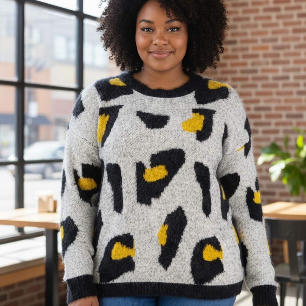 PLUS SIZE Cozy Black and Yellow Patterned Sweater